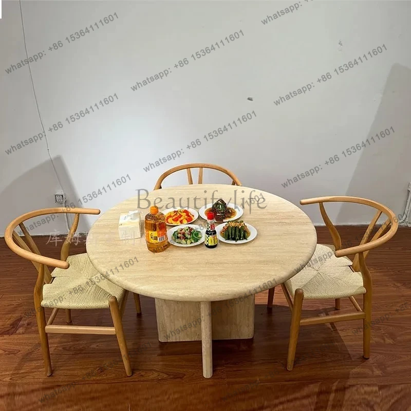 

Natural Travertine Dining Table Designer Coffee Shop Western Restaurant Dining Table Wabi-sabi Style Round Dining Table