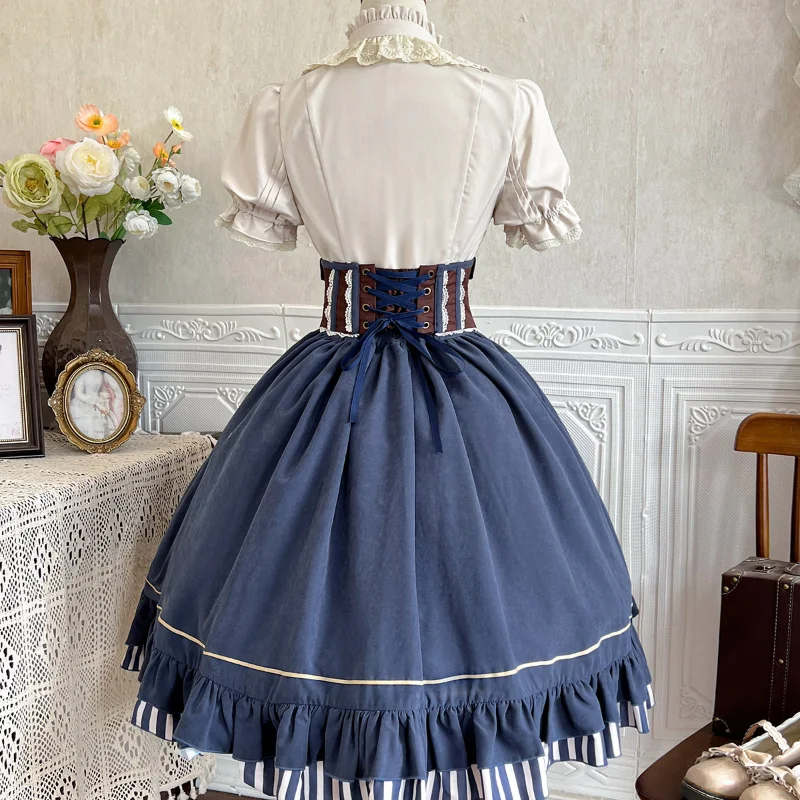 빈티지 로리타 블라우스 코르셋 스커트 세트 여성 레트로 클래식 로리타 의상 러플 레이스 하이웨이스트 시계 프린트 스트라이프 밑단 드레스