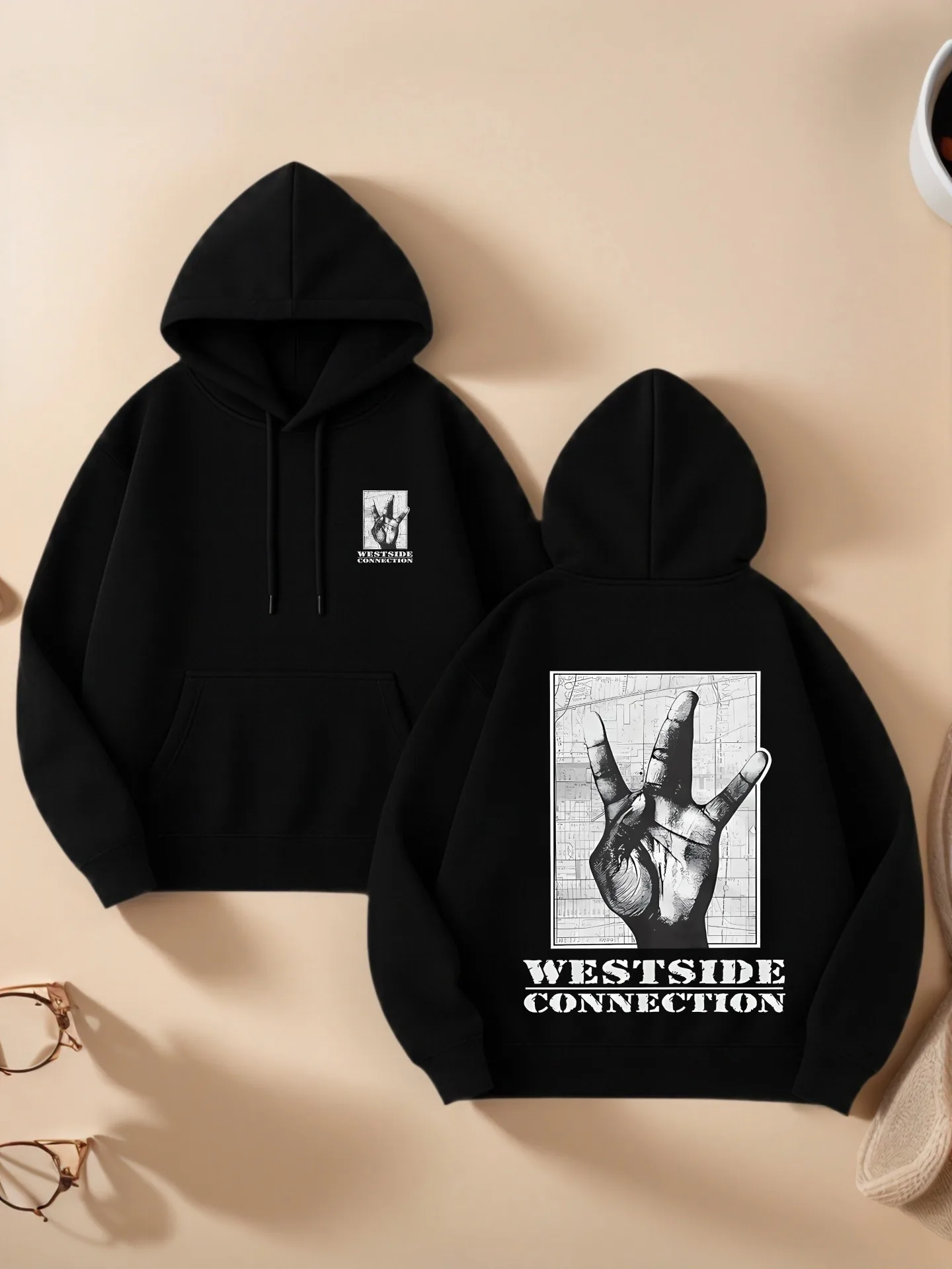 

Graphic Hoodie Women, Streetwear Aesthetic, Hand - Sign Graphic Print, Casual Everyday Wear, For Young Men