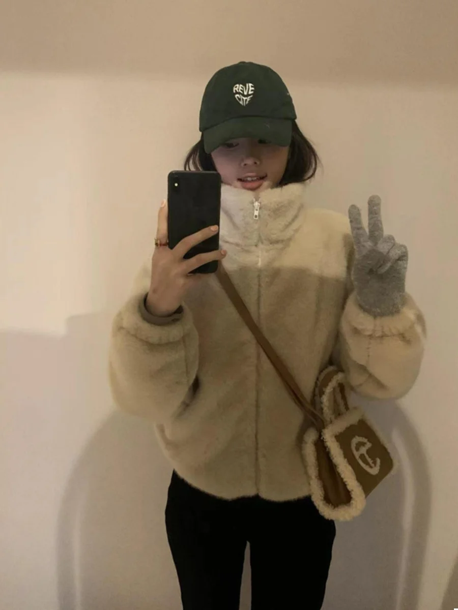 

Thiened Cotton Jaet Lamb Fur Women's Sle Korean Version Commute Pure Color Zipper Closure Polyester Fabric Winter Coat