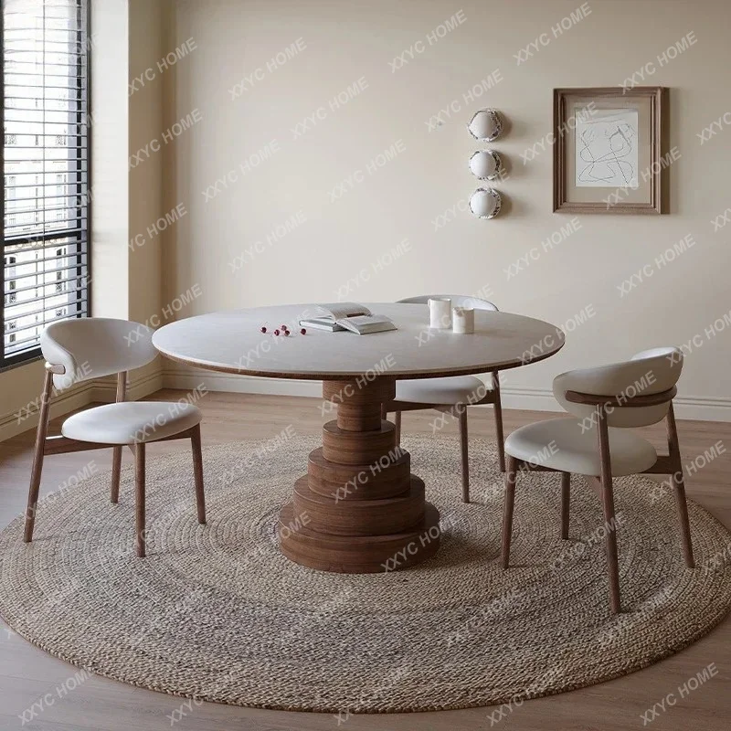 XX XHigh-end Solid Wood Round Dining Table With Turntable Wabi Antique Walnut-colored Travertine Rock Slab Round Table