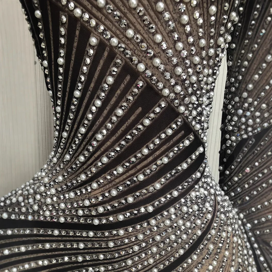 Glamorous Diamond Tassel Birthday Party Stage Dress Women's Mesh Bubble Bead Crew Neck Long Sleeve Evening Gown Vestido De Festa