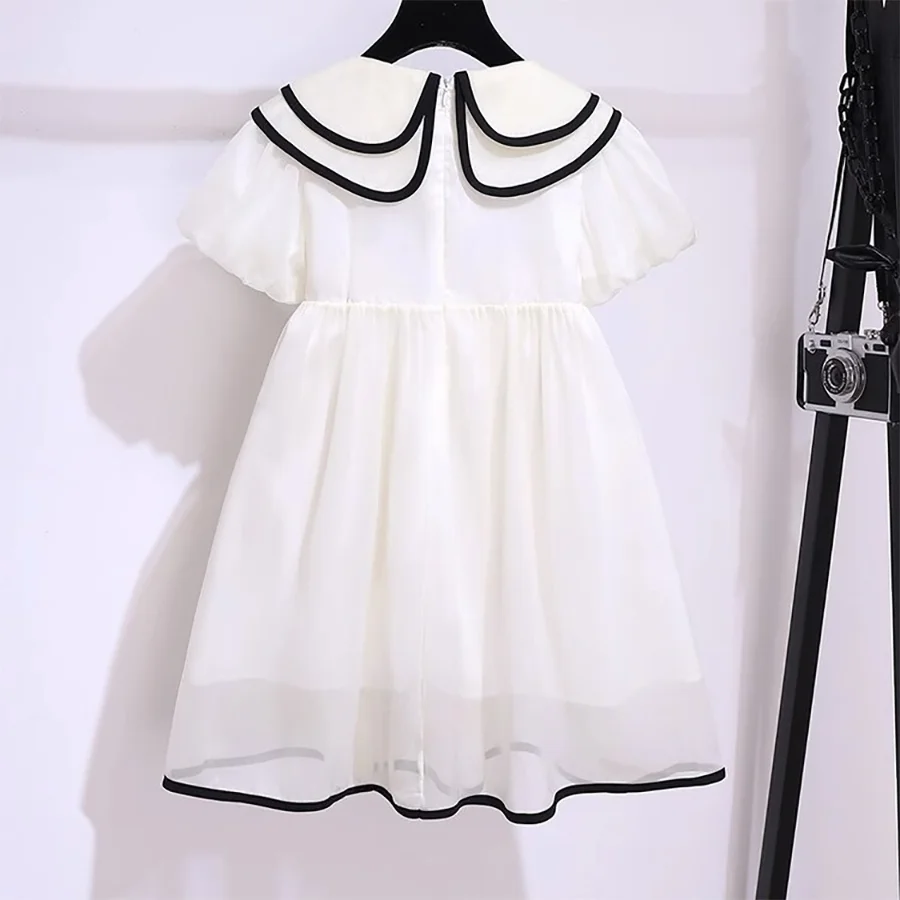 Summer Academic style Children\'s Elegant Slim Fit Two colors One piece Dress Bow knot Short sleeved girls A-line Dress 4-10Y