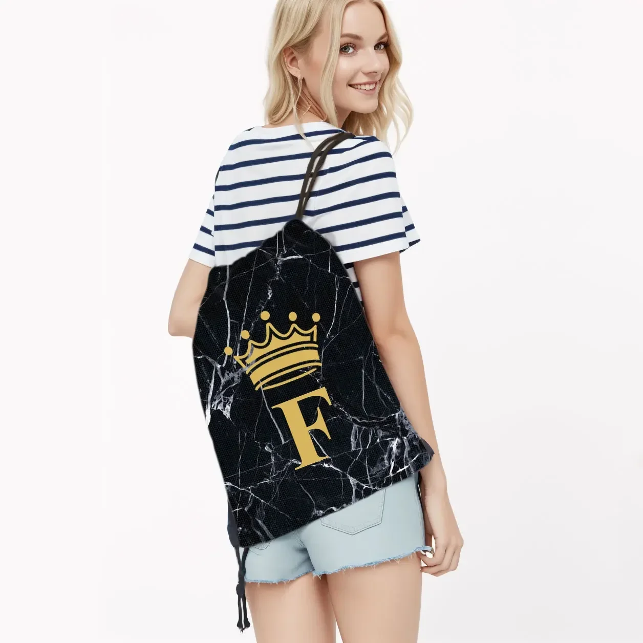 Letter Monogram Black Marble Crown Pattern Backpack Women Crown Letter A Z Drawstring Bags Travel Bridesmaid Bridal Party Bag