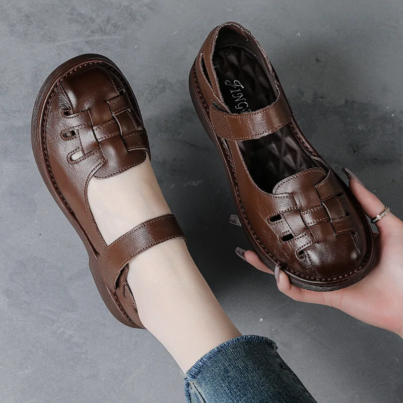 

High quality Woman Summer Hollow Shoes Real Leather Gladiator Sandals Ladies Low Heels Sandals Women's Cozy Woven Cutout Shoes