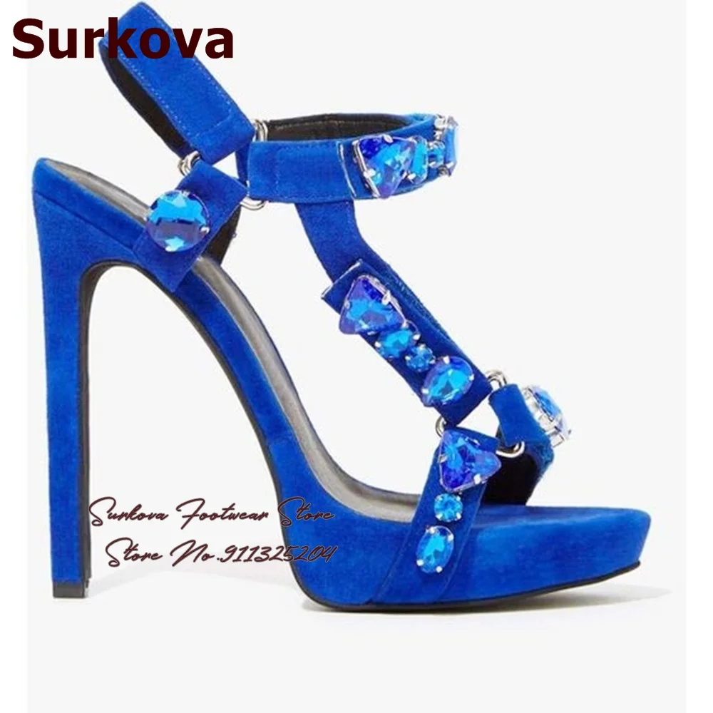 

Surkova Royal Blue Gem High Heel Sandals Women Glittering Crystal Platform Wedding Shoes Bling Bling Rhinestone Party Shoes