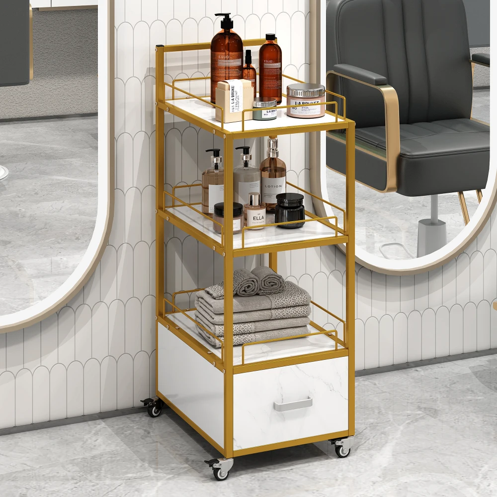 Beauty Salon Storage Trolley Cart, with Lockable Rolling Wheels, Metal Frame Marbled Board, Drawer Barber Salon Furniture, White