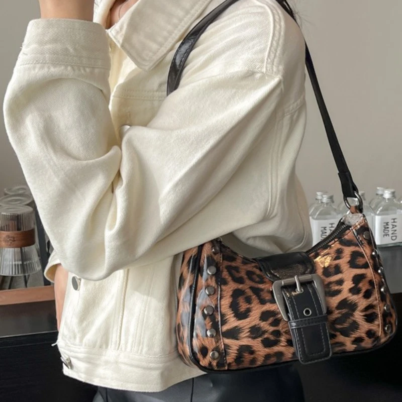 Leopard Print PU Leather Underarm Shoulder Bag For Women Fallow Fashion Handbags Women's Luxury Desinger Purple