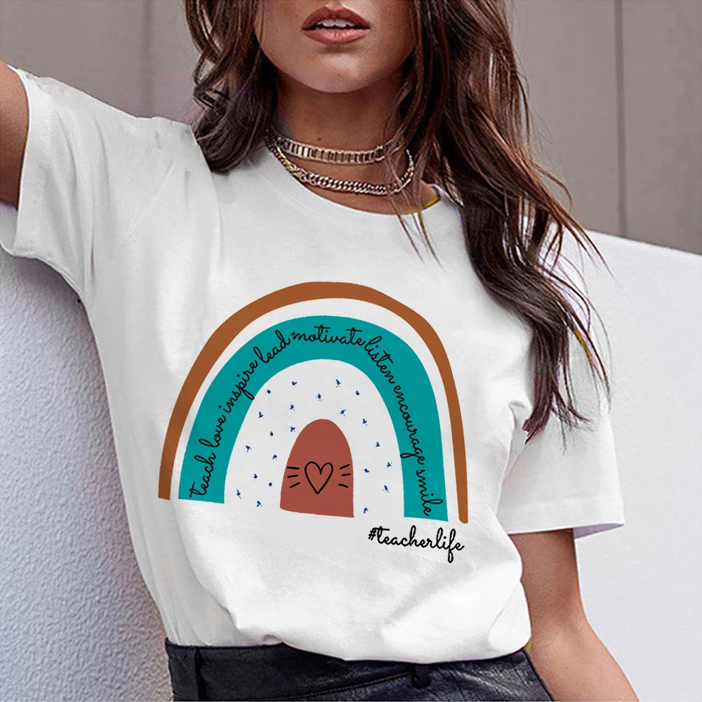 Rainbow Teacher T-shirt Summer Fashion Harajuku Wind Rainbow Letters Short Sleeve T-shirt Women Tide Aesthetics Female Tops