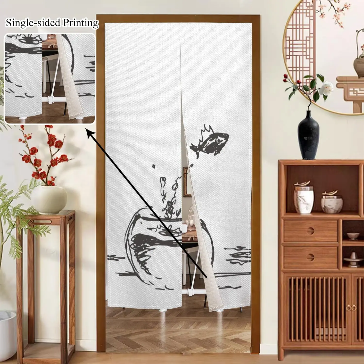 Fish Vase Water Splash Pattern Door Curtain Simple Line Art Print Door Curtain for Window Decoration Home Decorative Curtain