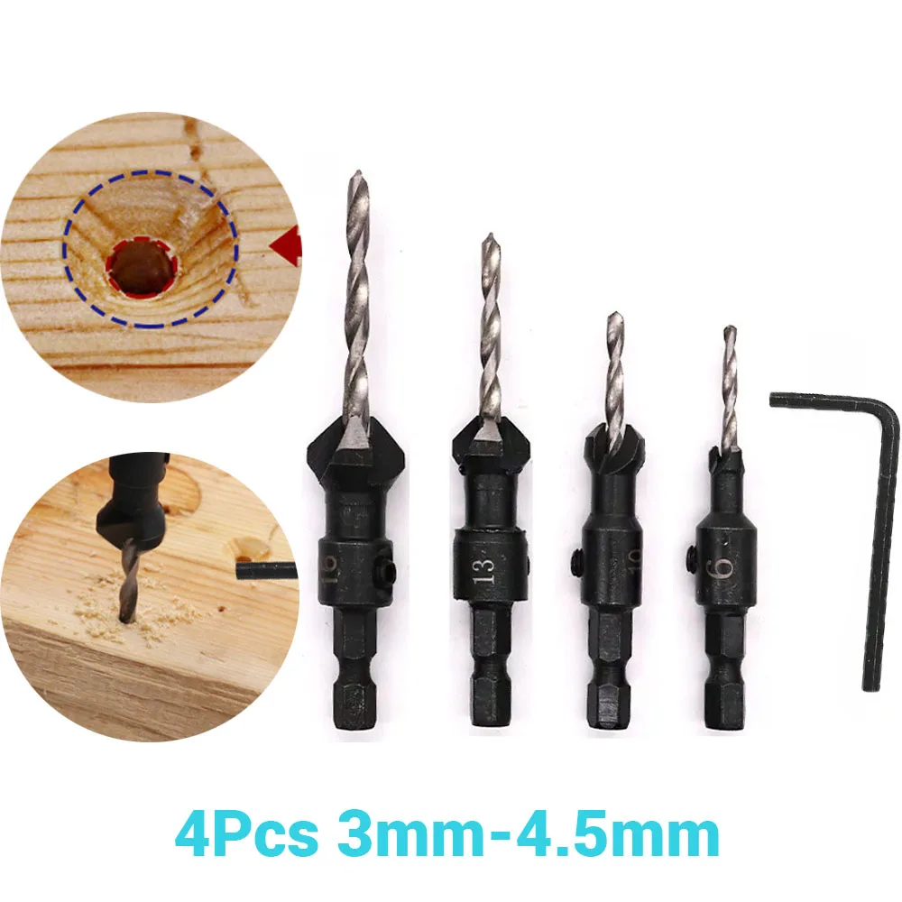 4Pcs/Set Conical Drill Bit Countersink Woodwork Pilot Holes HSS Universal Counterbore Cutter Screw Plastic Carpentry Power Tool