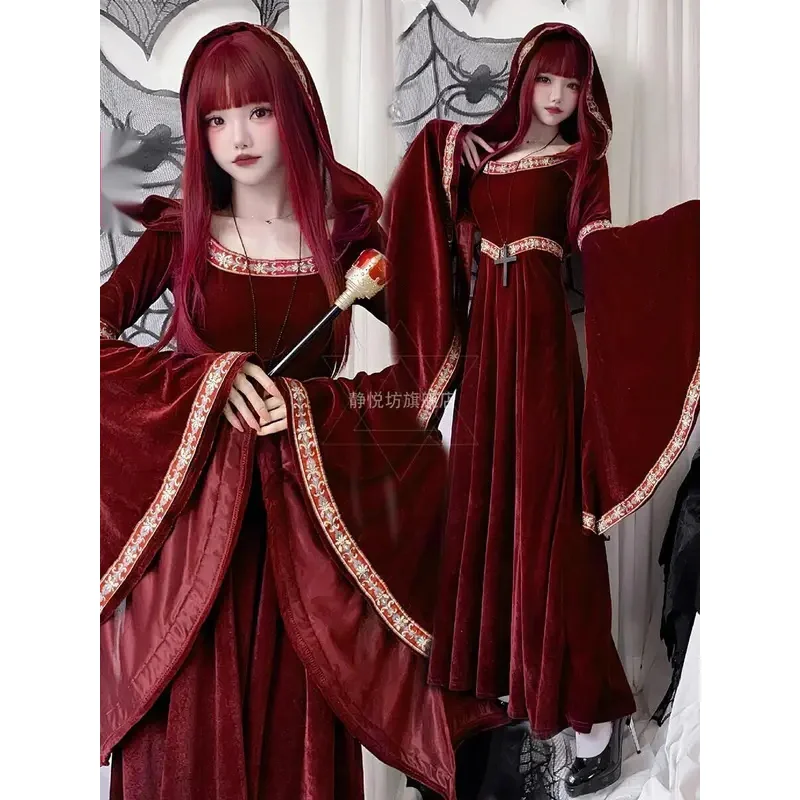

Halloween adult retro medieval court hooded queen cosplay witch dress vampire dress long dress costume costume