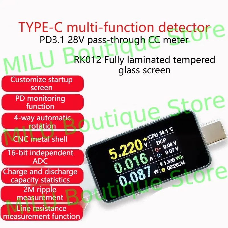 

RK012 Type-C multifunctional detector fully fitted power meter PD monitoring line resistance ripple voltage and ammeter