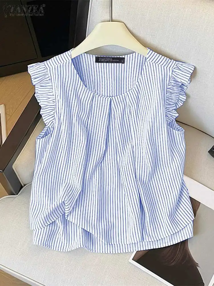 ZANZEA Sweety Women Stripe Camis Korean Ruffle Sleeveless Tanks 2024 Summer Fashion Round Neck Tank Tops Holiday Blue Loose Vest