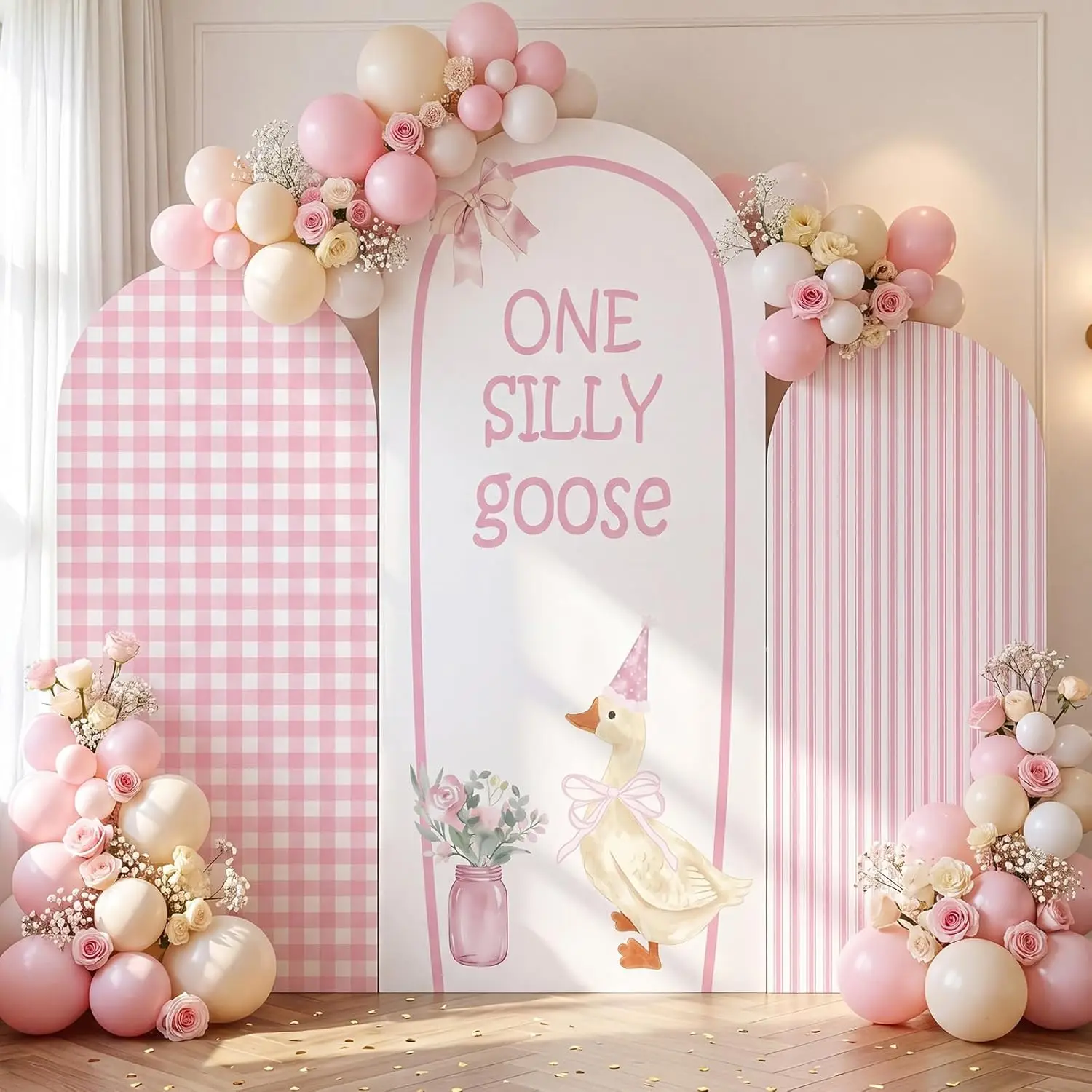 Pink One Silly Goose Baby Shower Arch Backdrop Covers for Girls Gingham Stripes Newborn 1st Birthday Party Background Supplies