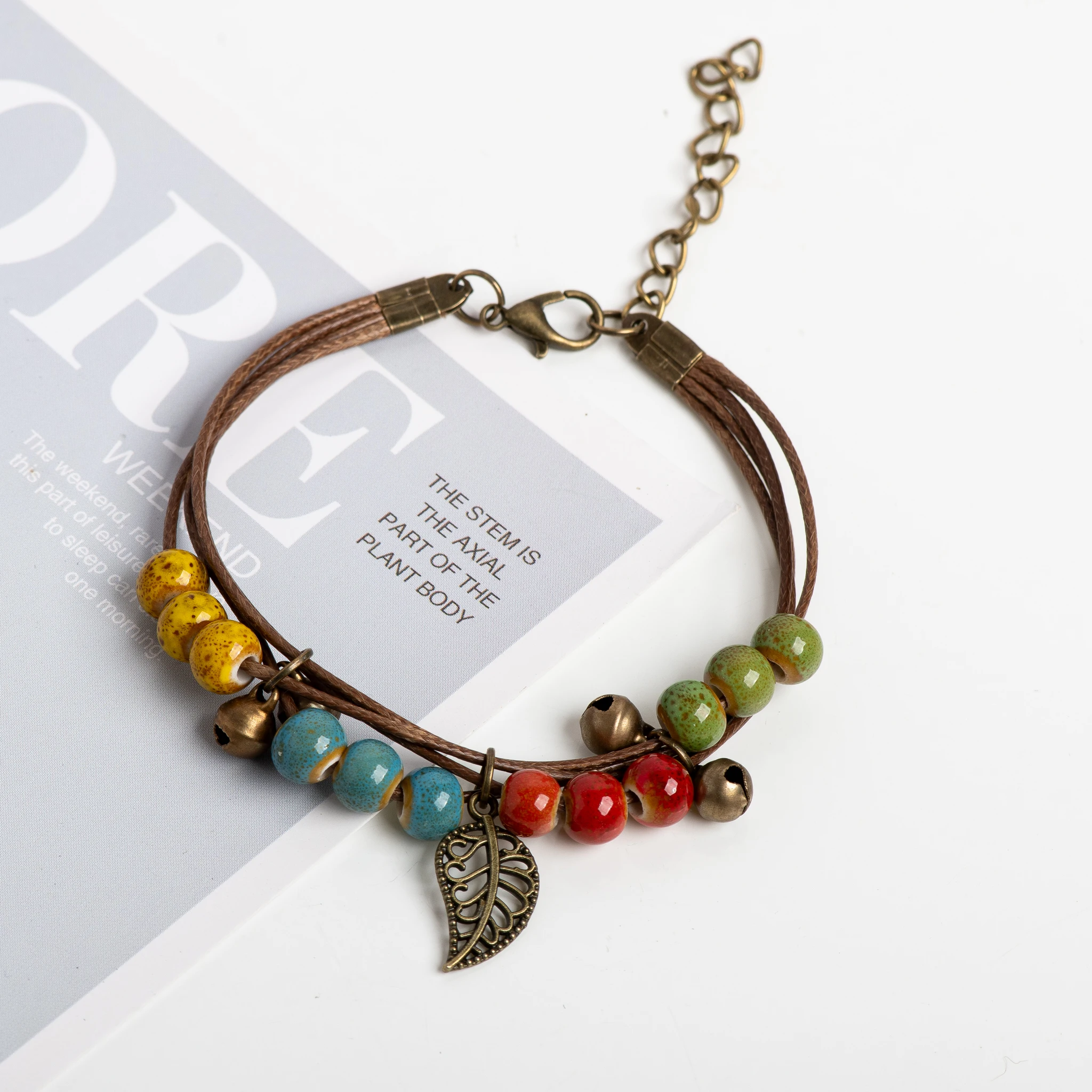 Adjustable Colorful Ceramic Beaded Bracelet Handmade Wax Cord with Leaf Pendant Vintage Jewelry gifts regalo