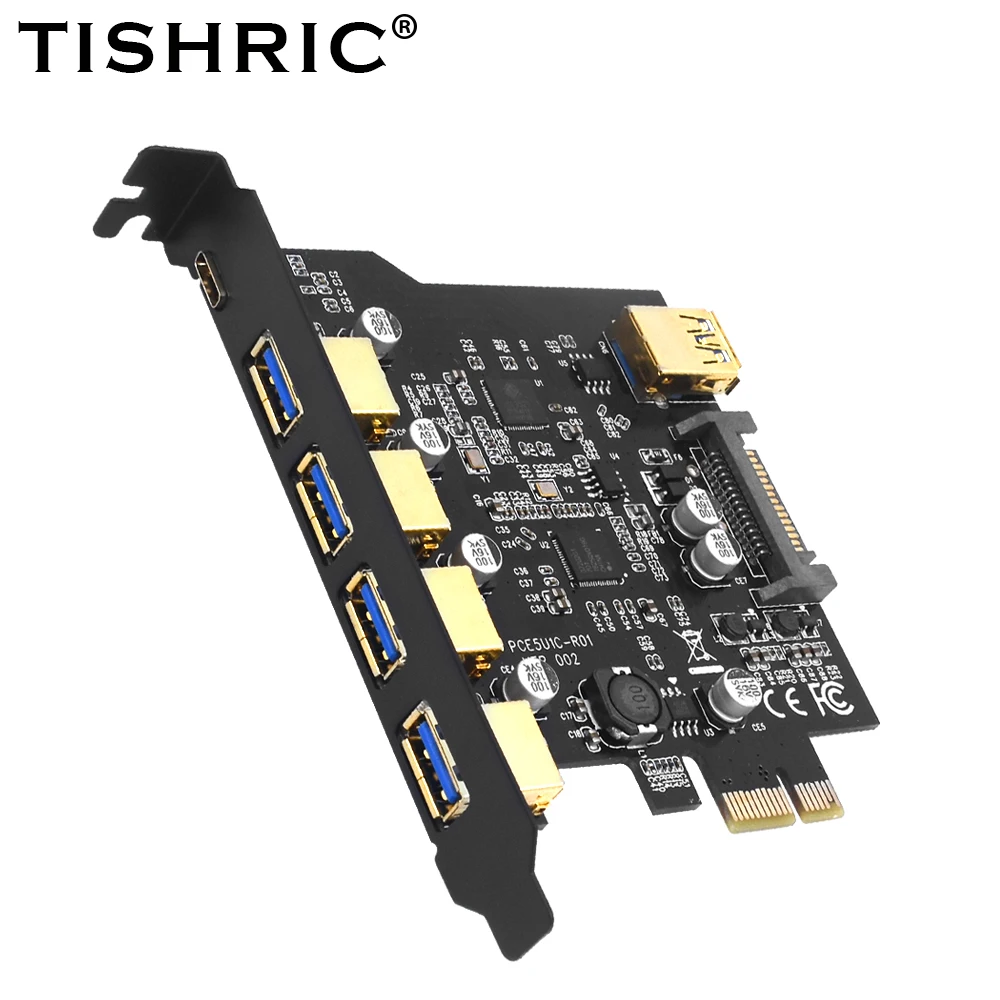 TISHRIC USB 3.2 PCI-e Expansion Card Pcie To USB Controller 2/4/5 port Usb 3.2 TYPE-C/19Pin PCI Express 1x Riser Card USB C Hub