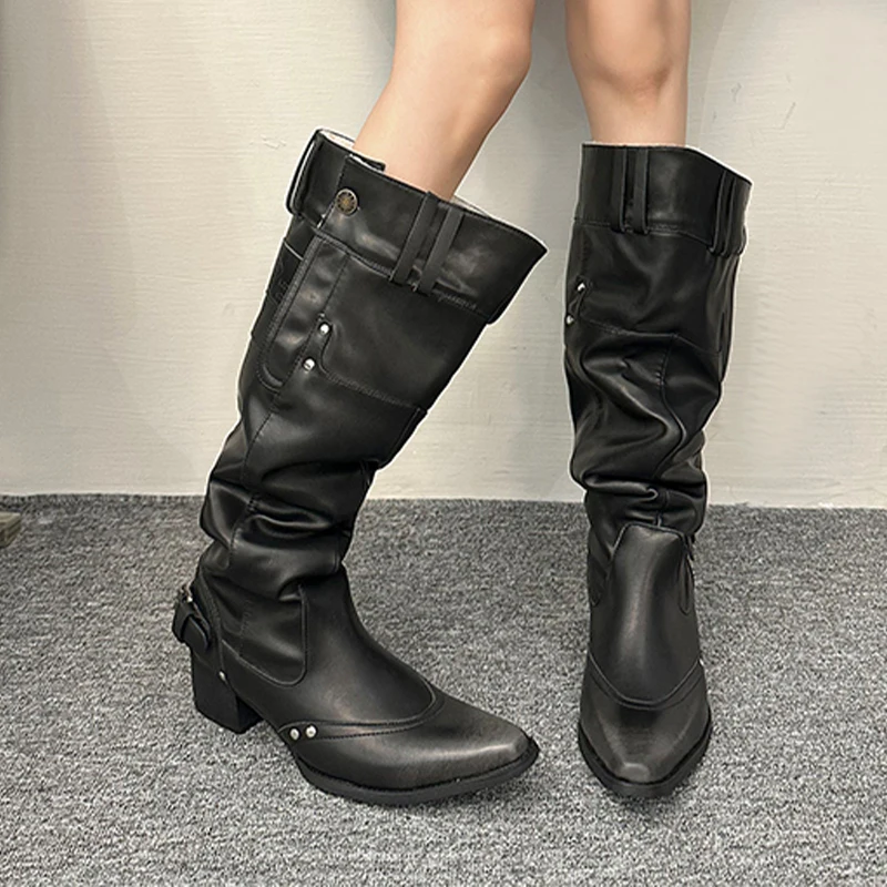 

Высокие сапоги для женщин. Дизайнерская обувь на высоком каблуке. Зимние сапоги до колена с острым носком. 2025 г. Теплая зимняя мода. Челси Botas Mujer.