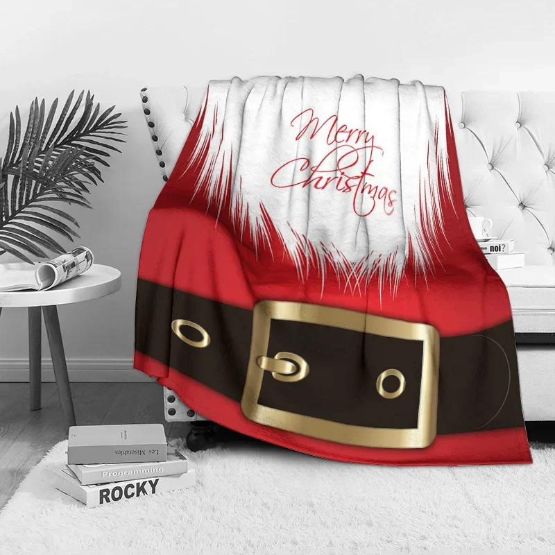 Santa Beard and Belt Fleece Blanket, Red with White Fur Trim Design, Festive Face Pattern for Christmas Sofa Decoration