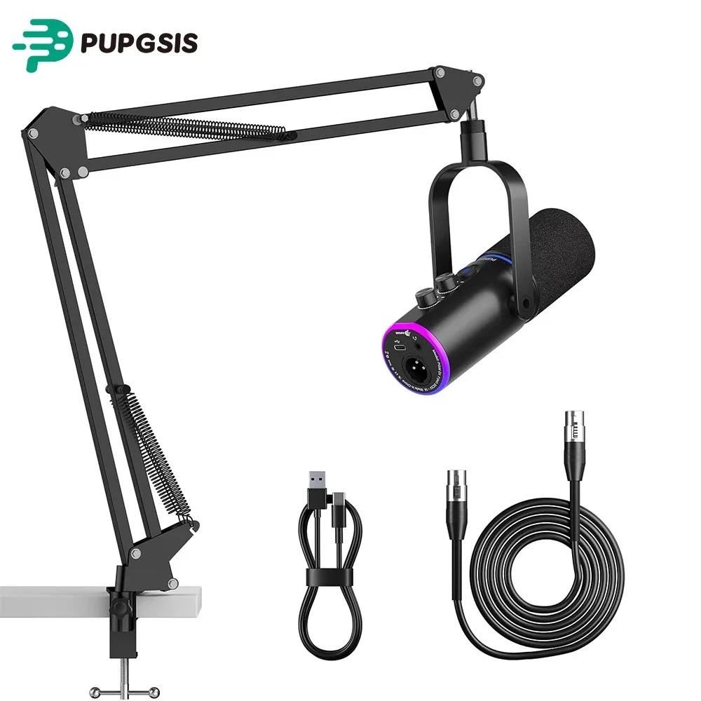 PUPGSIS XLR/USB-Podcast-Mikrofon, Gaming-Mikrofon mit Stummschalttaste, Halleffekten, Geräuschunterdrückung, Galgenarmständer, Kopfhöreranschluss, dynamisches Mikrofon für