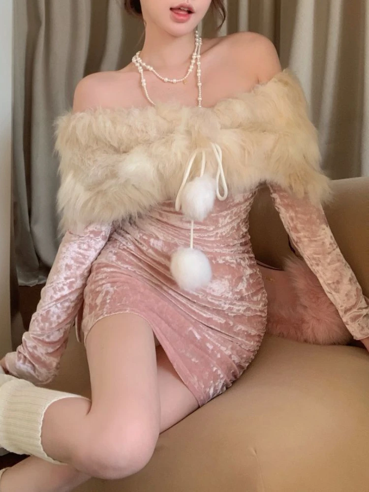 Winter French Sexy Slim Sweet Pink Dress New Fashion One Off Shoulder Velvet Dresses Spice Girl High Sense Elegant Clothing 2024