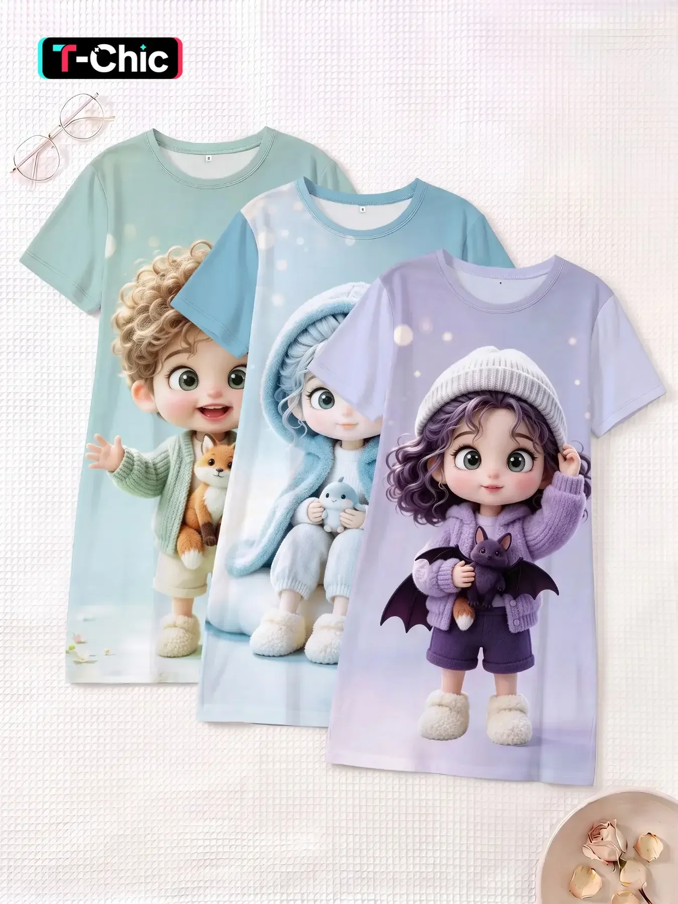 3-Pack Cute Cartoon Girl Print Nightdresses, Round Neck Short Sleeve, Breathable Slim-Fit Sleepwear for Spring Summer