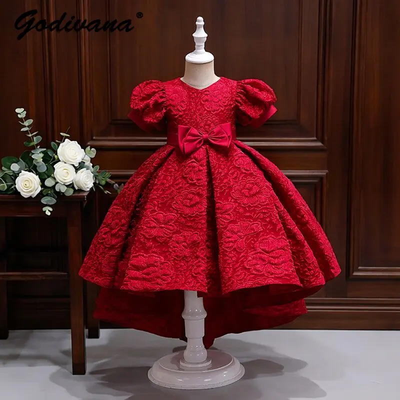 Baby Girls Red Formal Princess Dress Childrens Luxury Niche High End Puff Sleeve Bow Embroidery Birthday Host Evening Ball Gown