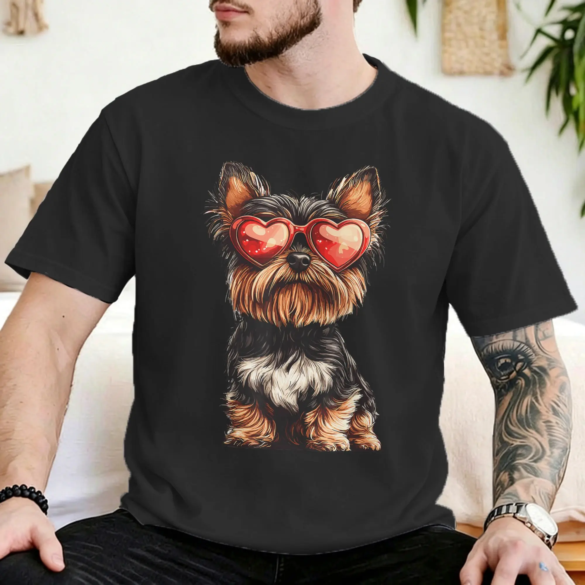 Yorkshire Terrier Heart Glasses T Shirt for Men Women Cotton Amazing T-Shirt Valentines Day Dog Lover Tees Clothes Gift Idea