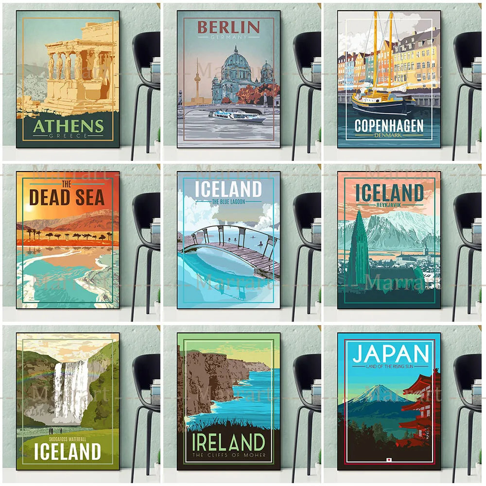 

Athens Greece,Berlin,Copenhagen Travel Poster And Prints Iceland,Ireland,Finland Retro Urban Landscape Wall Art Canvas Painting