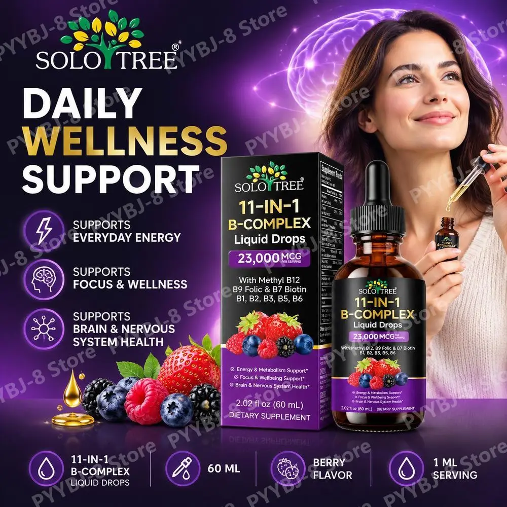 SOLOTREE 11-IN-1 B-Complex Liquid Drops Vitamin B12 Folate Biotin Methylated Support Energy Metabolism Brain Support 60 ML
