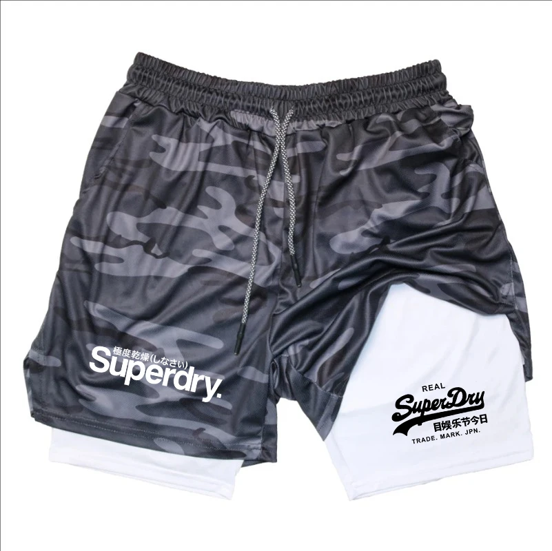 New sales sports men's summer shorts two-in-one sports fitness running high-performance shorts printed with mobile phone pocket