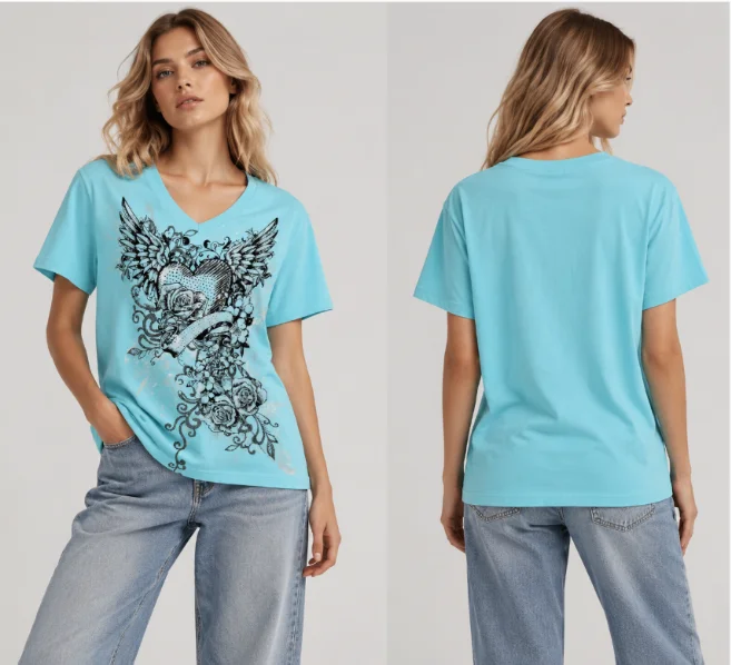 Y2K Gothic Winged Heart Rose Print Women V Neck T Shirt  Short Sleeve Tattoo Art Graphic Tee Vintage Streetwear Casual Tops