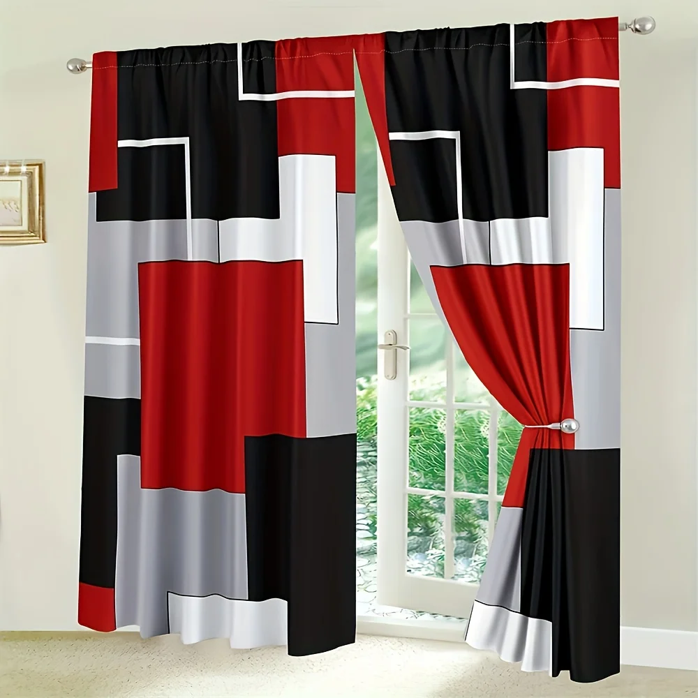 2pcs Plaid Pattern Curtains, Rod Pockets Window Treatment, Suitable For Living Room Bedroom Decor, Red White Grey Black Curtains