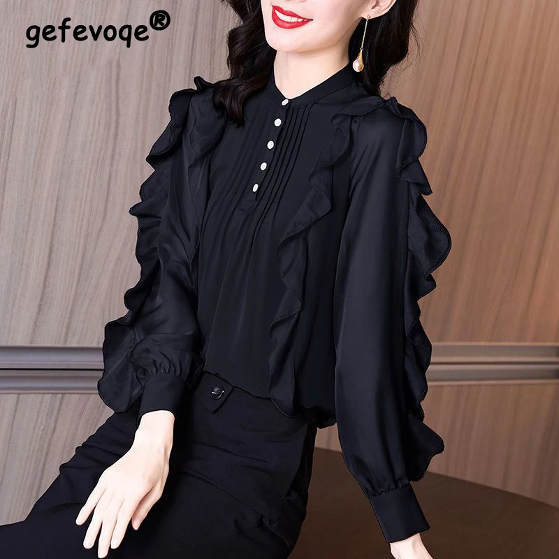 

Ruffle Elegant Chic Office Lady Commute Black Shirts Spring New Fashion Stand Collar Long Sleeve Top Blouse Women Blusas Clothes