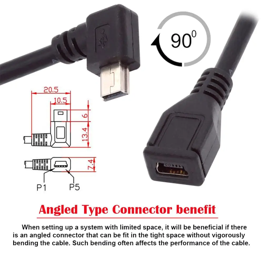 90 Degree Left Angled Mini USB 5Pin Male to Female Extension Cable for GPS Camera 30cm