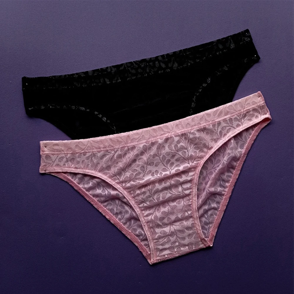 Perspective Lace Jacquard Men Bikini Briefs Tanga Low Waist Underwear Elastic Soft Man Underpants No Pouch