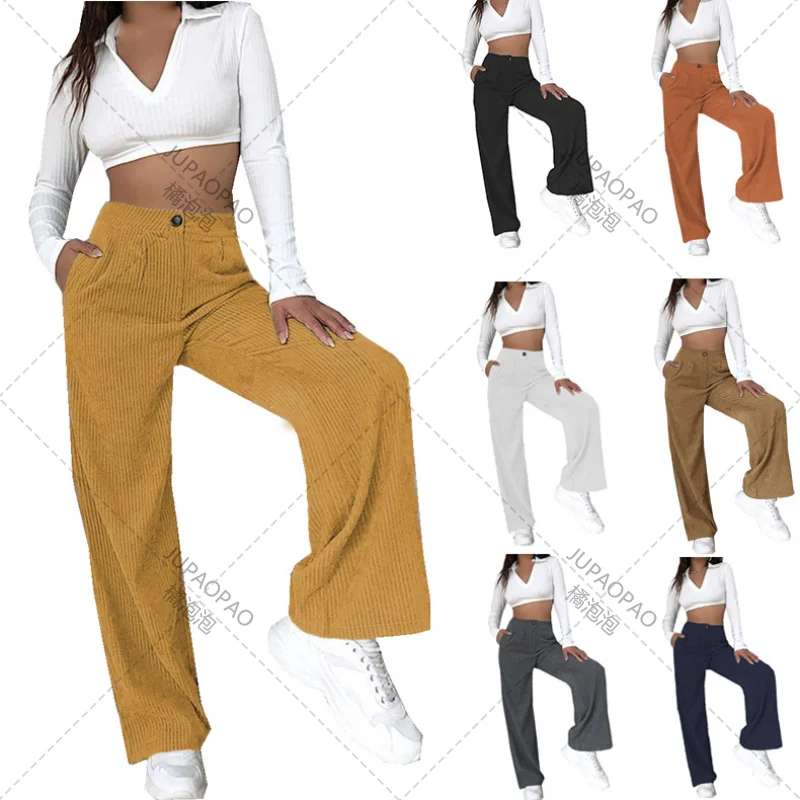 Autumn And Winter 2023 New Women's High Waist Casual Pants Fashion Solid Corduroy Loose Straight Plus Size Button Pants