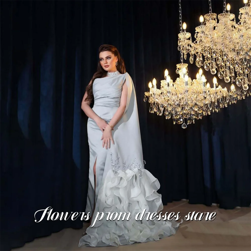 

Flowers Dusty Gray Prom Dress One Shoulder Gala Dresses Embellished Ruffled Cape Party Dresses Slim Fit Formal Gown Customized