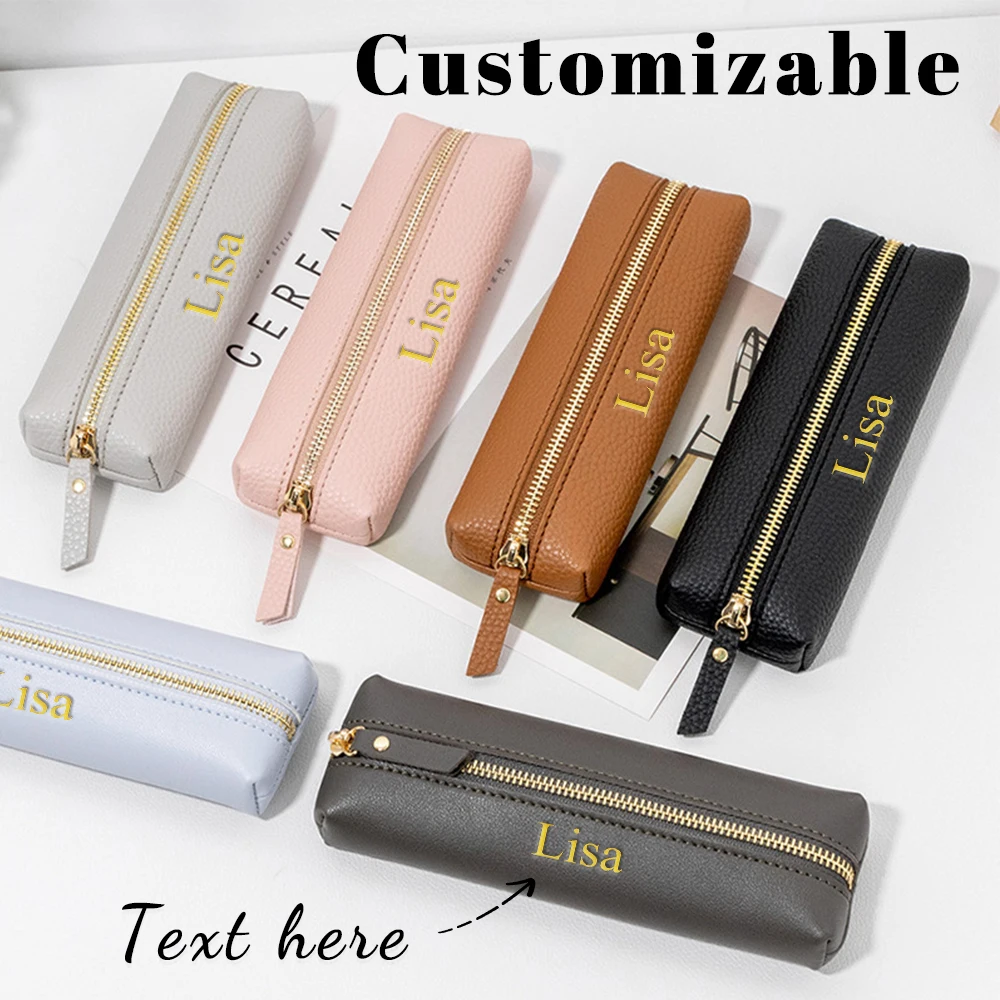 Customized Letter Leather Office Zipper Pen Case, Pencil Strap, Large-Capacity Handcrafted Campus Creative Stationery Bag
