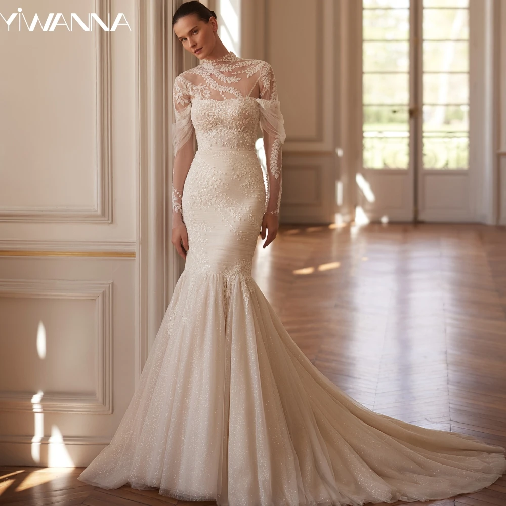 

Dazzling Beaded Appliques Wedding Dress Long Mermaid Off Shoulder Bridal Gown Customized Dreamy Ivory Dresses For Bride