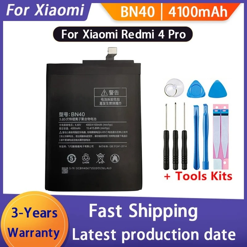100% 4100mAh Battery BN40 For Xiaomi Redmi 4 Pro Prime 3G RAM 32G ROM Phone Replacement Batteries Bateria Batterij+Tools