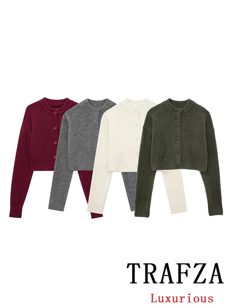 TRAFZA Casual Chic Sweter damski Solid O-Neck Jednorzędowe dzianinowe kardigany z długim rękawem Moda 2024 Swetry jesienno-zimowe