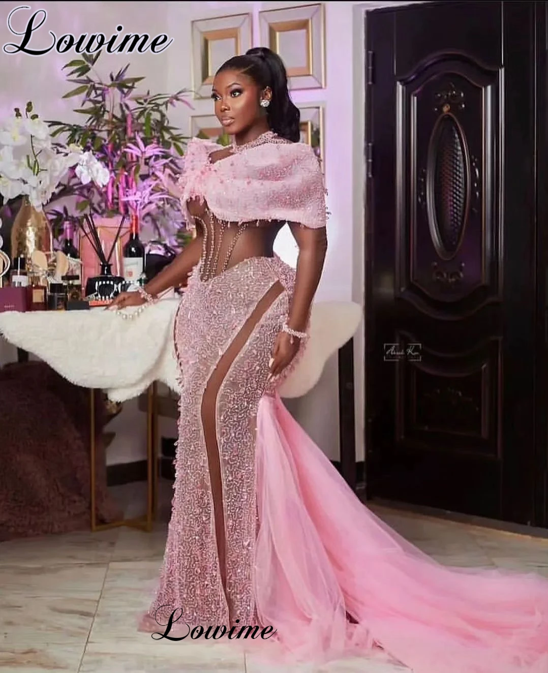 Abiti da celebrità rosa africani Plus Size cristalli maniche lunghe abiti da sera sirena Vestidos De Gala abiti da festa di nozze