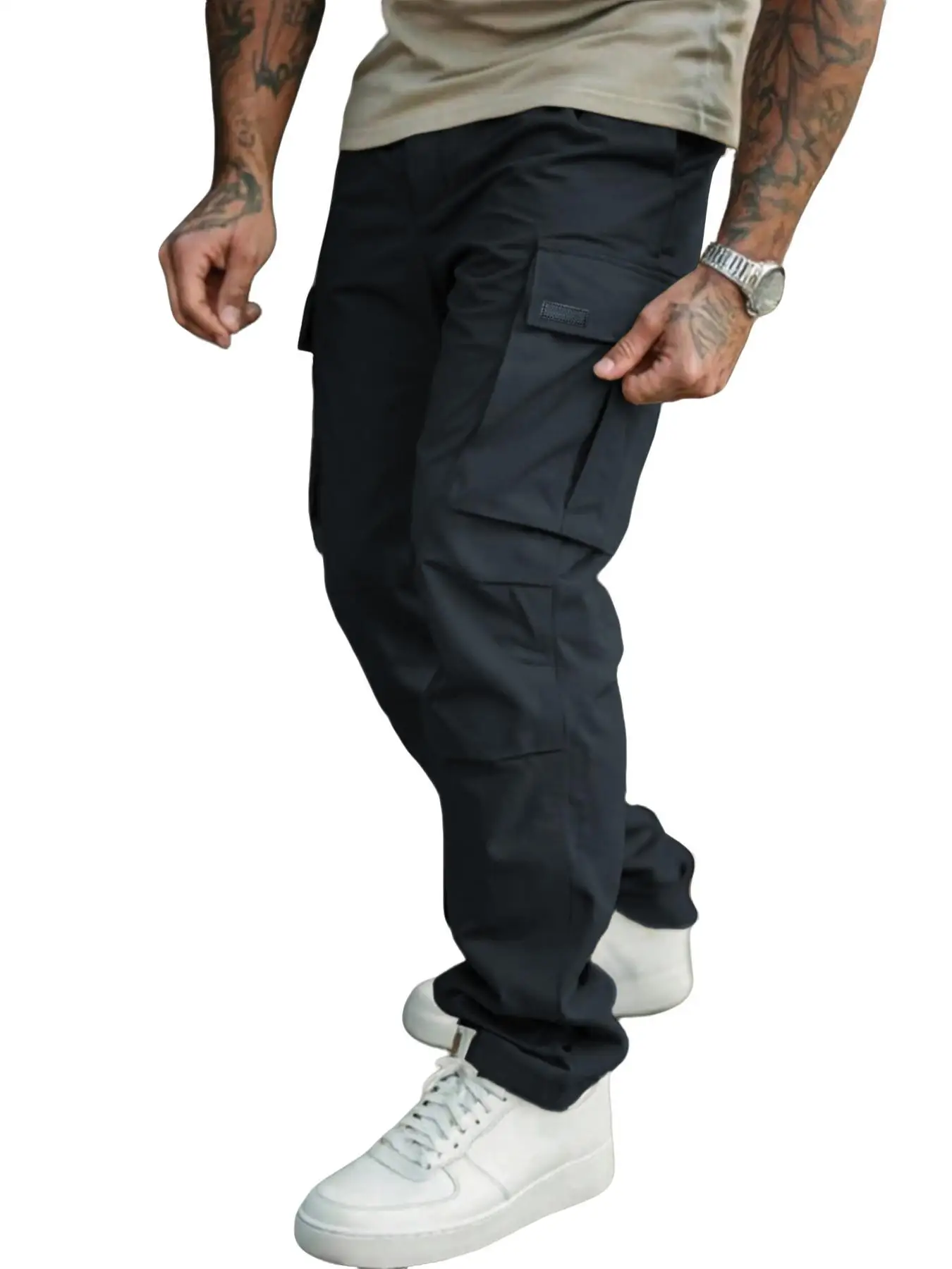 Herren Einfarbige Cargohose Regular Fit Lässige Gerade Hose mit Pattentaschen und Kordelzug für den Alltag – Detail 25