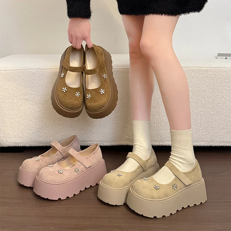 Womens Suede Mary Jane Platform Shoes Floral Rhinestone 7cm Hidden Height Chunky Sole Buckle Strap Comfort Daily Casual Footwear