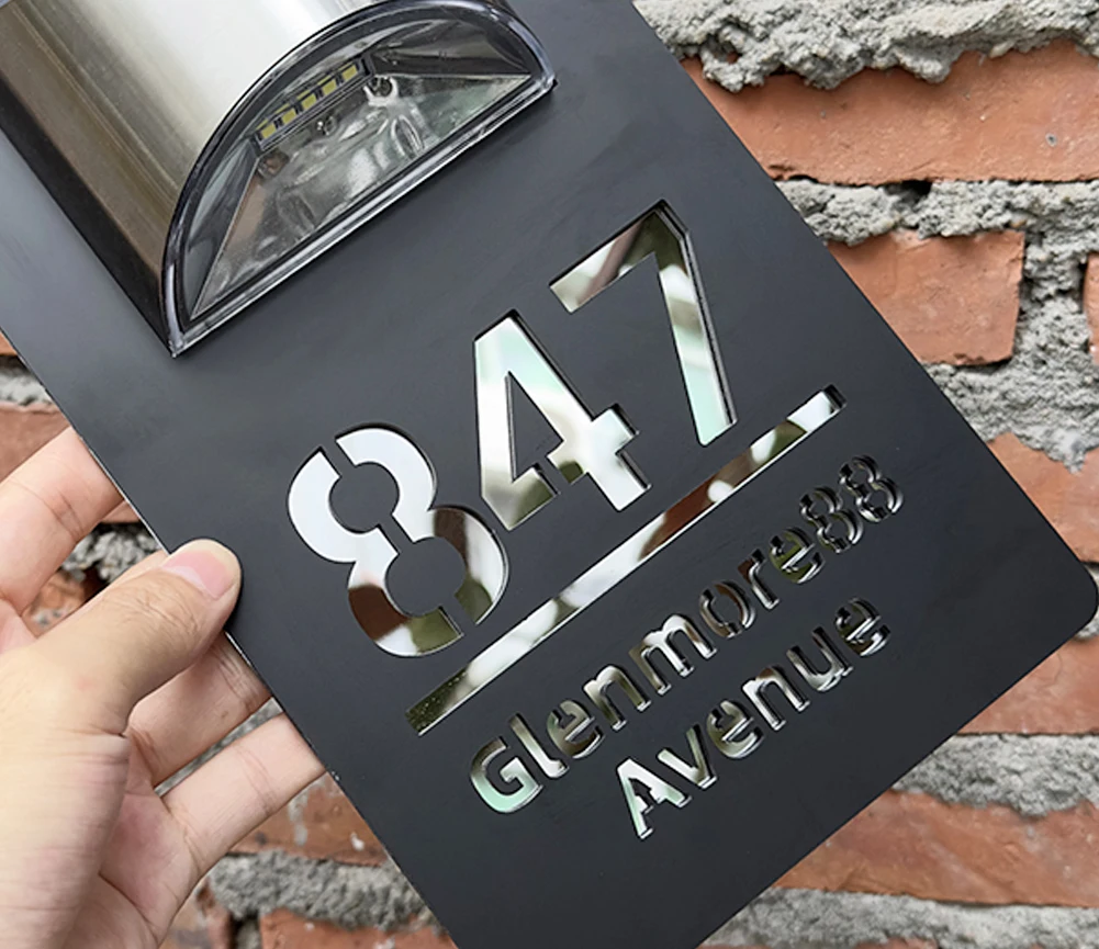 Customized Exterior lights House Number Sign LED Solar House Sign 3D Laser Cutting Street Family Name Door Sign