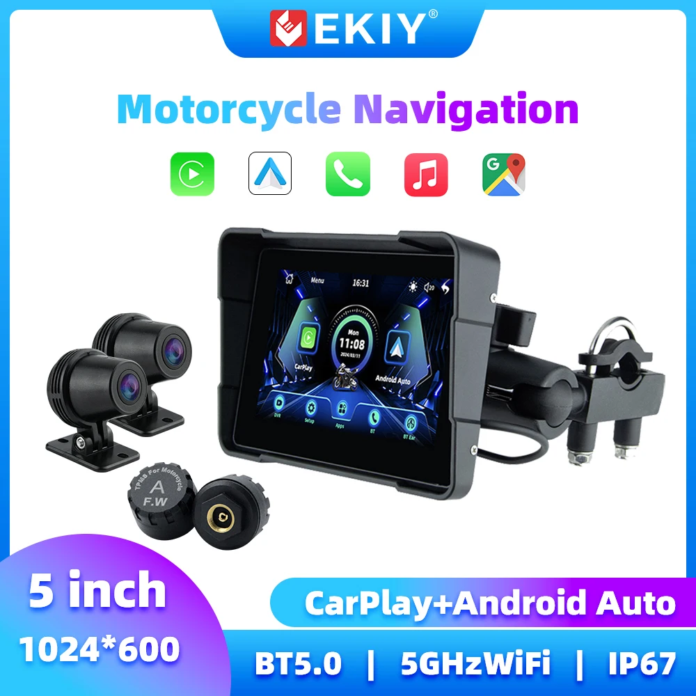 

EKIY Wireless Carplay Android Auto Motorcycle Carplay 5 Inch Monitor Display Motorcycle GPS Screen for Motorcycle Navigation