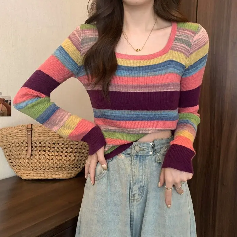 Women Clothing Fashion Rainbow Striped Knit Pullovers Autumn Casual All-match Square Collar Long Sleeve Sweater Elegant Slim Top