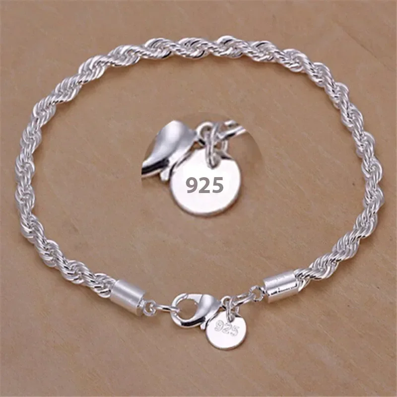 Pulsera de plata de ley 925 con dijes de moda para hombres y mujeres, pulsera minimalista de cadena de cuerda trenzada de 4MM, regalos de joyería para parejas Unisex