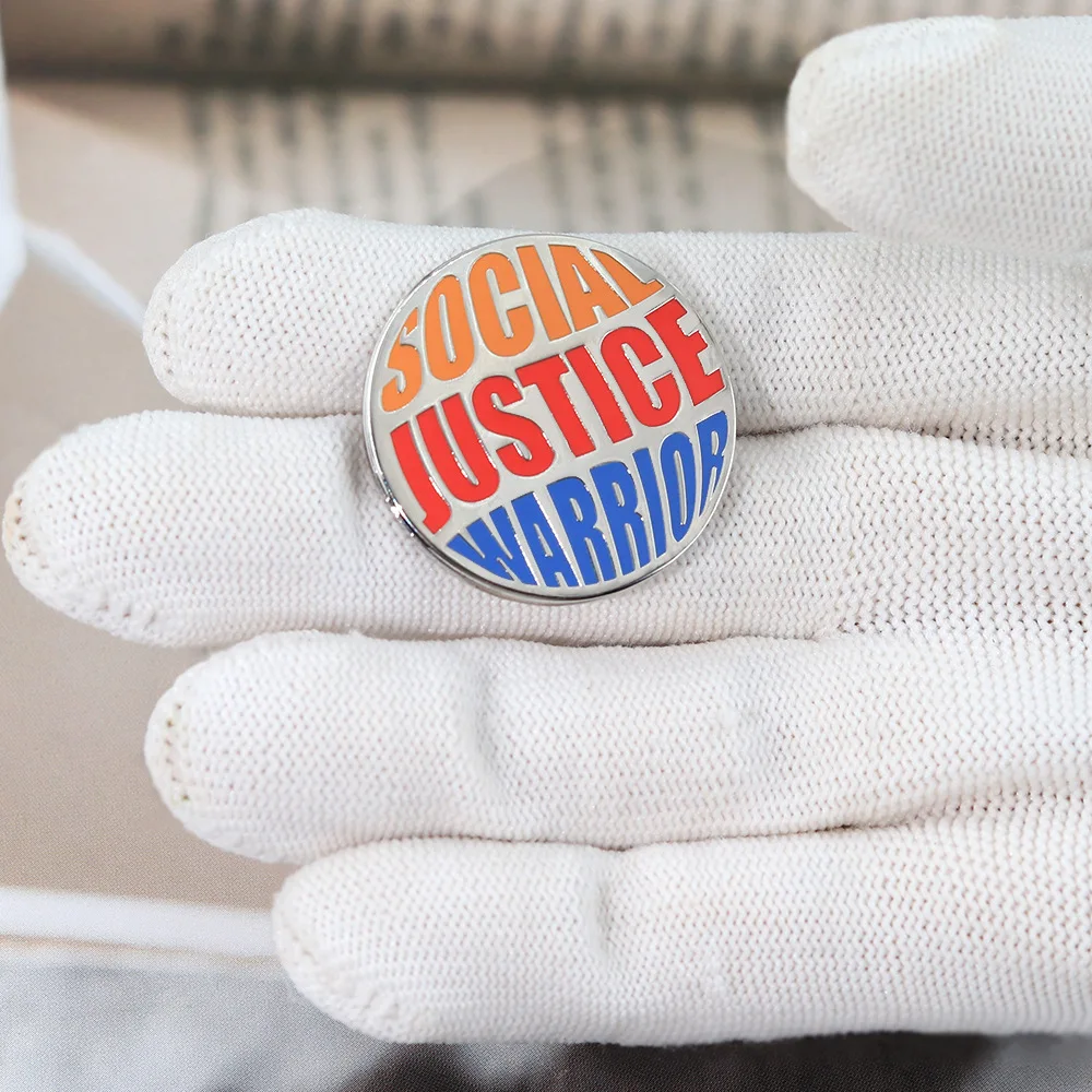 Bold Quote Enamel Pin Social Justice Warrior Badge Silver Orange Red Blue Lapel Pin Retro Statement Jewelry Gift for Friends